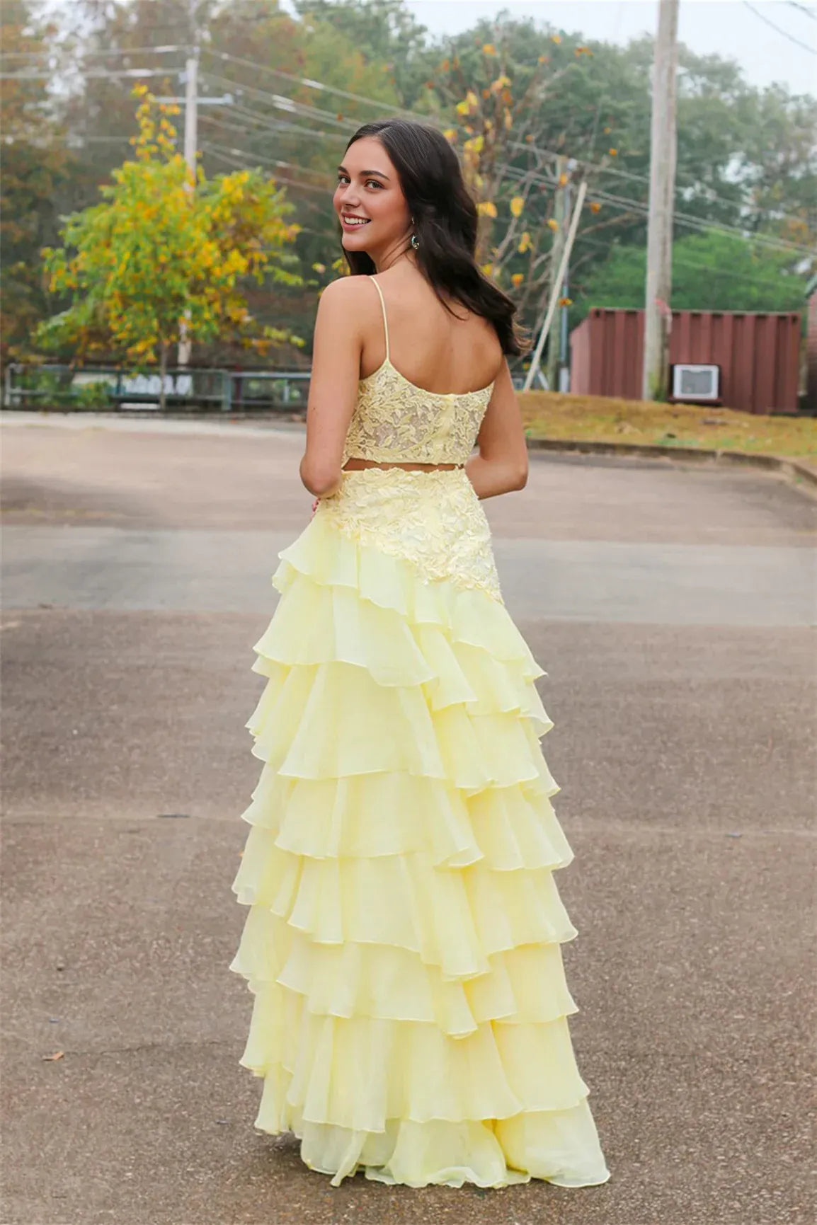 Dress Square Neck Yellow Appliques Tiered Long Dress Prom Dress