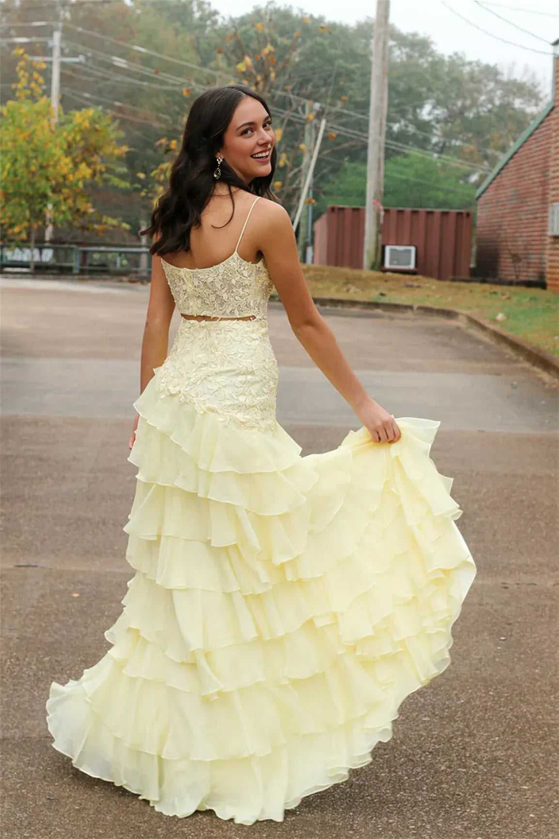Dress Square Neck Yellow Appliques Tiered Long Dress Prom Dress