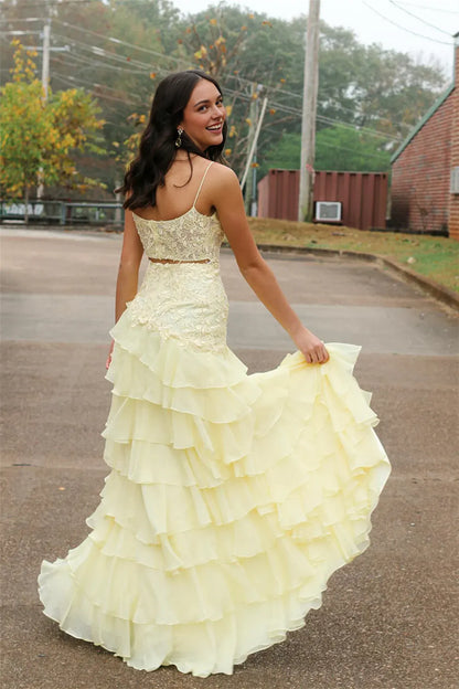 Dress Square Neck Yellow Appliques Tiered Long Dress Prom Dress