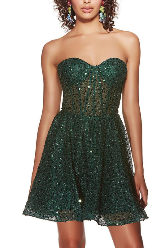 Dress Strapless A-Line Princess Glitter Corset Sleeveless Sequins Backless Lace Up Short Homecoming Dress