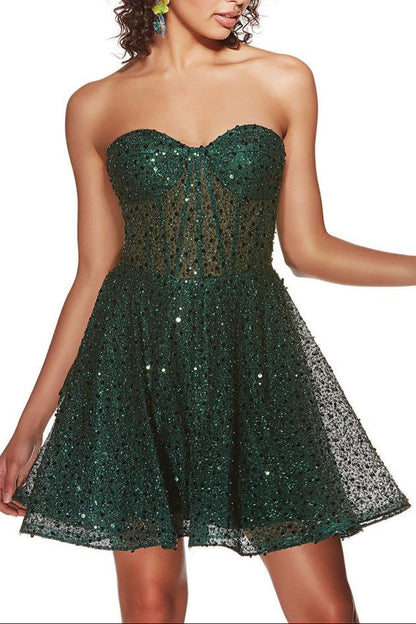 Dress Strapless A-Line Princess Glitter Corset Sleeveless Sequins Backless Lace Up Short Homecoming Dress