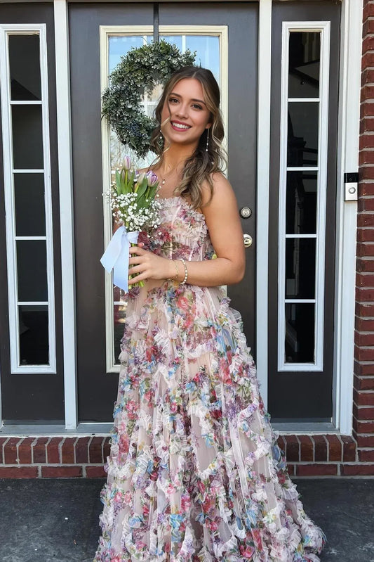 Dress Strapless A-line Floral Tulle Ruffles Formal Gown Prom Dress