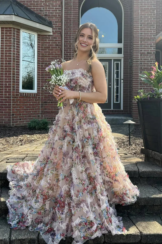 Dress Strapless A-line Floral Tulle Ruffles Formal Gown Prom Dress