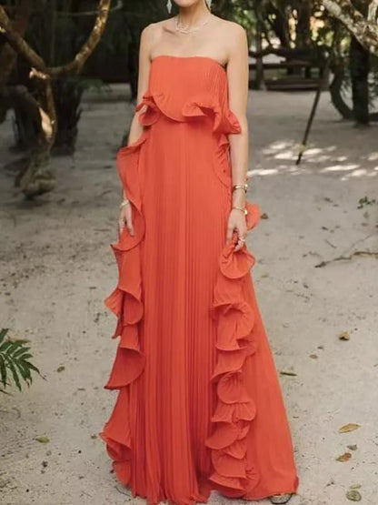 Dress Strapless Beach Style Fashion Maxi Dress Women Summer Sleeveless Simple Holiday Party Dress Solid Patchwork Chic Ladies Dress