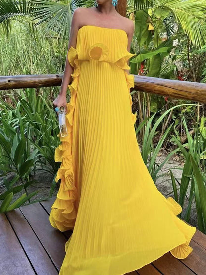 Dress Strapless Beach Style Fashion Maxi Dress Women Summer Sleeveless Simple Holiday Party Dress Solid Patchwork Chic Ladies Dress