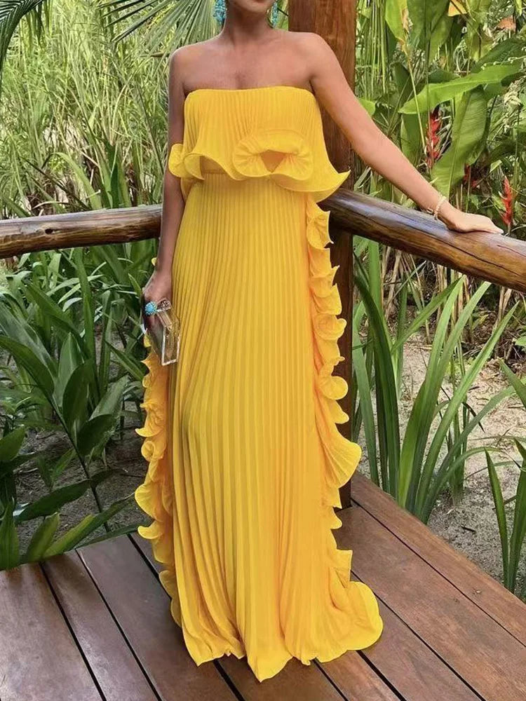 Dress Strapless Beach Style Fashion Maxi Dress Women Summer Sleeveless Simple Holiday Party Dress Solid Patchwork Chic Ladies Dress