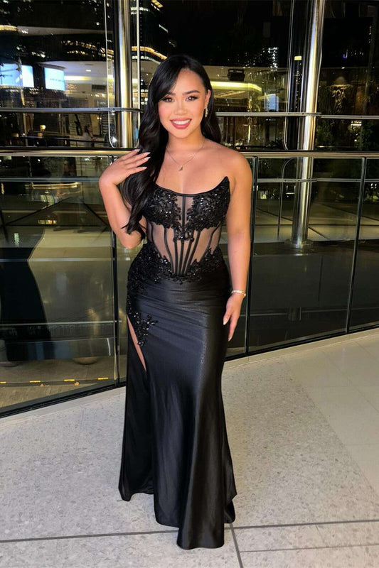 Dress Strapless Black Sheer Appliques Fitted Evening Dress Maxi Dress Prom Dress
