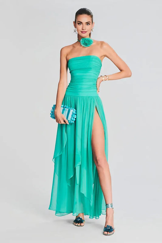 Dress Strapless Boat Neck Ruched Pleated High Slit Tulle Formal Party Maxi Prom Dresses