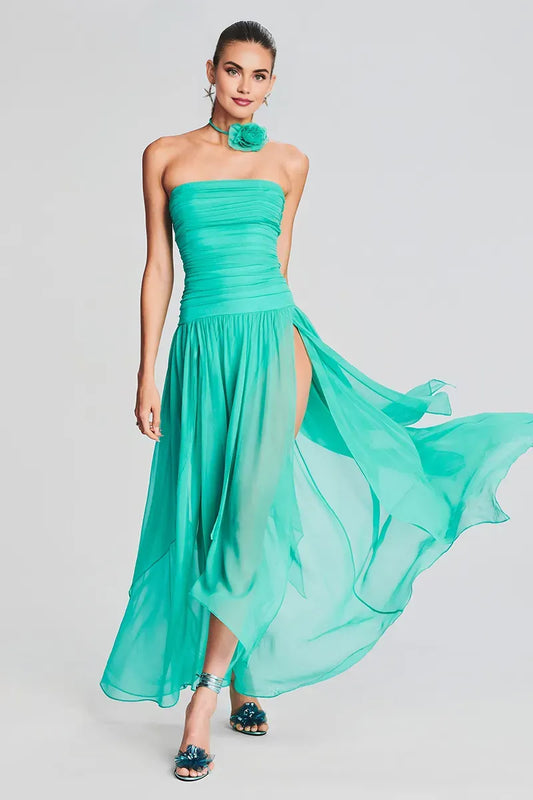 Dress Strapless Boat Neck Ruched Pleated High Slit Tulle Formal Party Maxi Prom Dresses