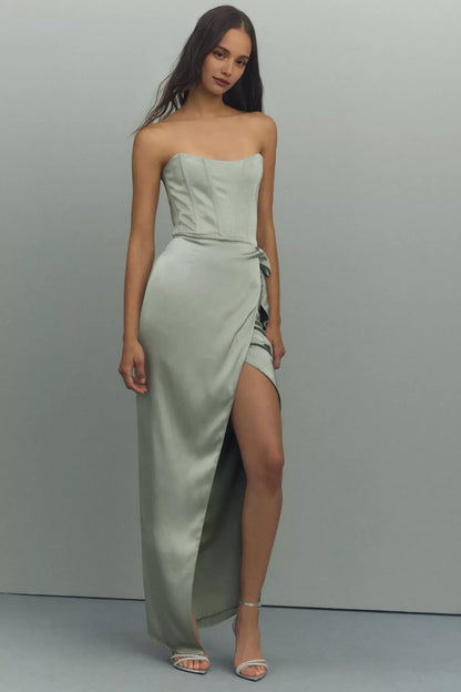 Dress Strapless Corset Sleeveless With Front Slit Prom Dress Off-The-Shoulder Sage Maxi Dress