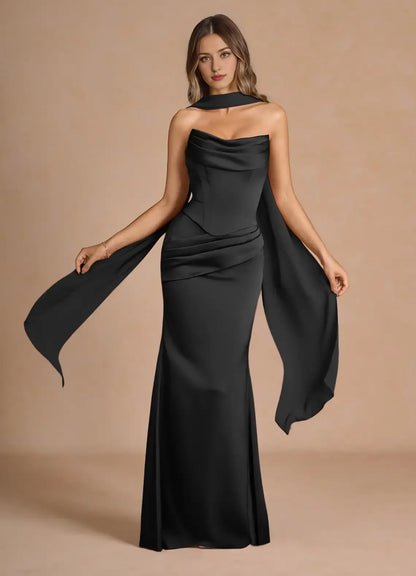 Dress Strapless Elegant Sleeveless Mermaid Maxi Dress Prom Dress Simple Satin Backless Back Evening Dress