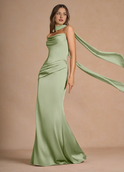 Dress Strapless Elegant Sleeveless Mermaid Maxi Dress Prom Dress Simple Satin Backless Back Evening Dress