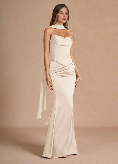 Dress Strapless Elegant Sleeveless Mermaid Maxi Dress Prom Dress Simple Satin Backless Back Evening Dress