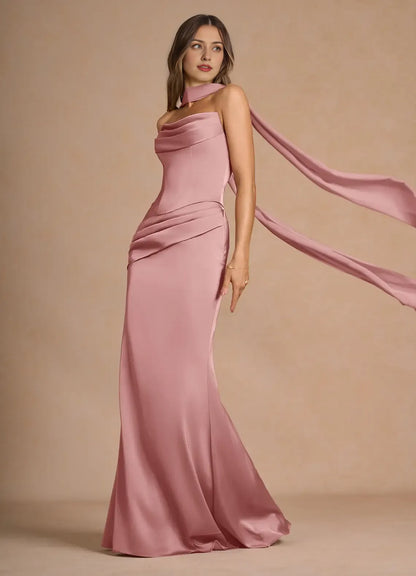 Dress Strapless Elegant Sleeveless Mermaid Maxi Dress Prom Dress Simple Satin Backless Back Evening Dress