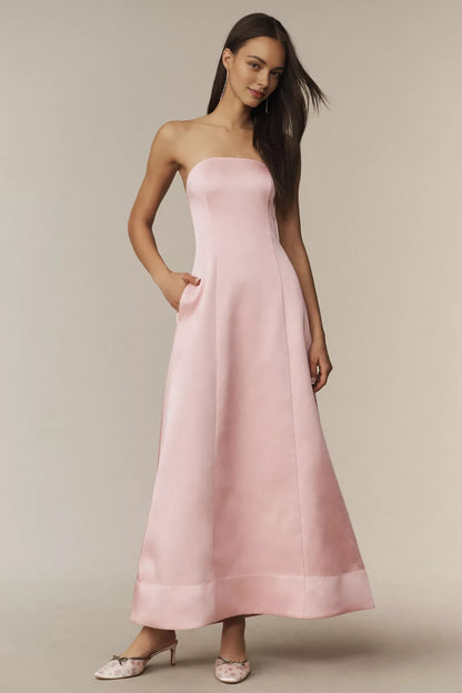Dress Strapless Fit & Flare A-Line Prom Dress Pink Lace Up Maxi Dress