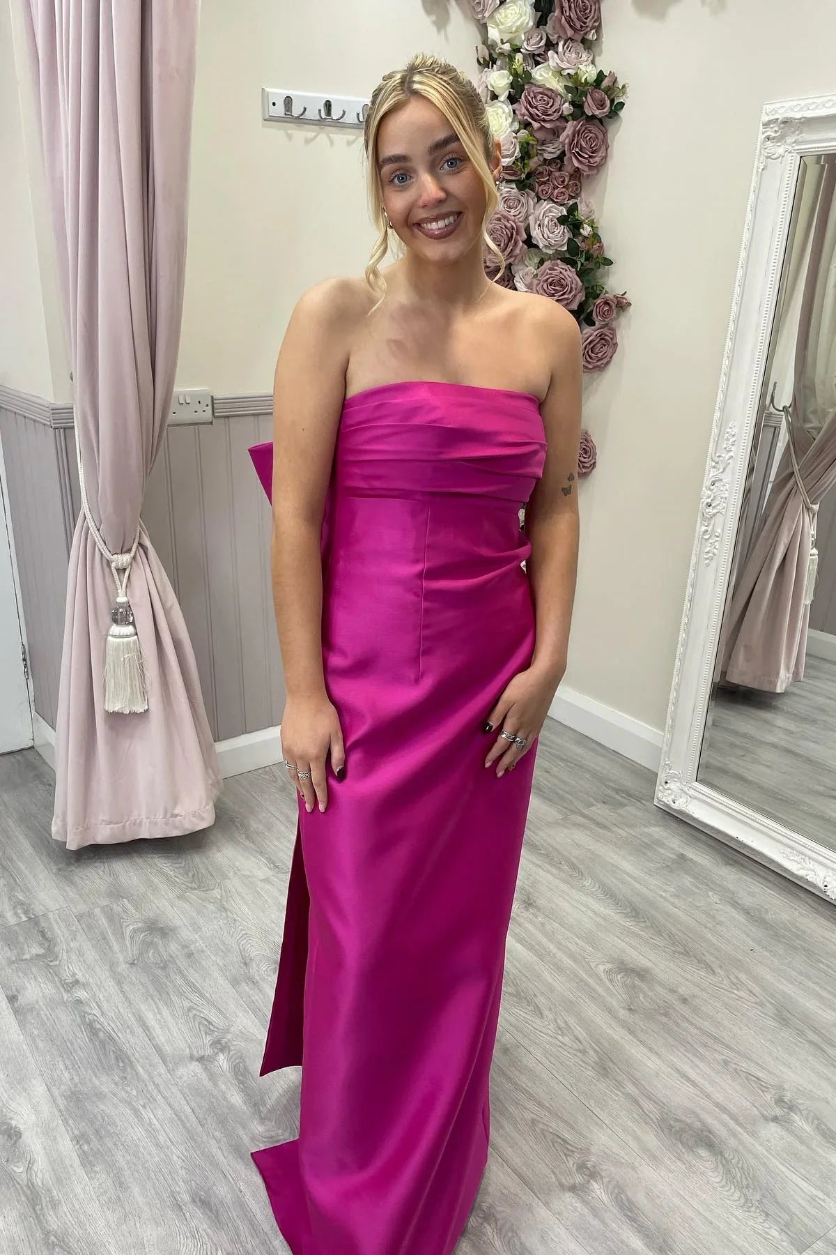 Dress Strapless Fuchsia Sheath Long Party Dress with Bow Back Bridesmaid Dress Formal Wear Dresses