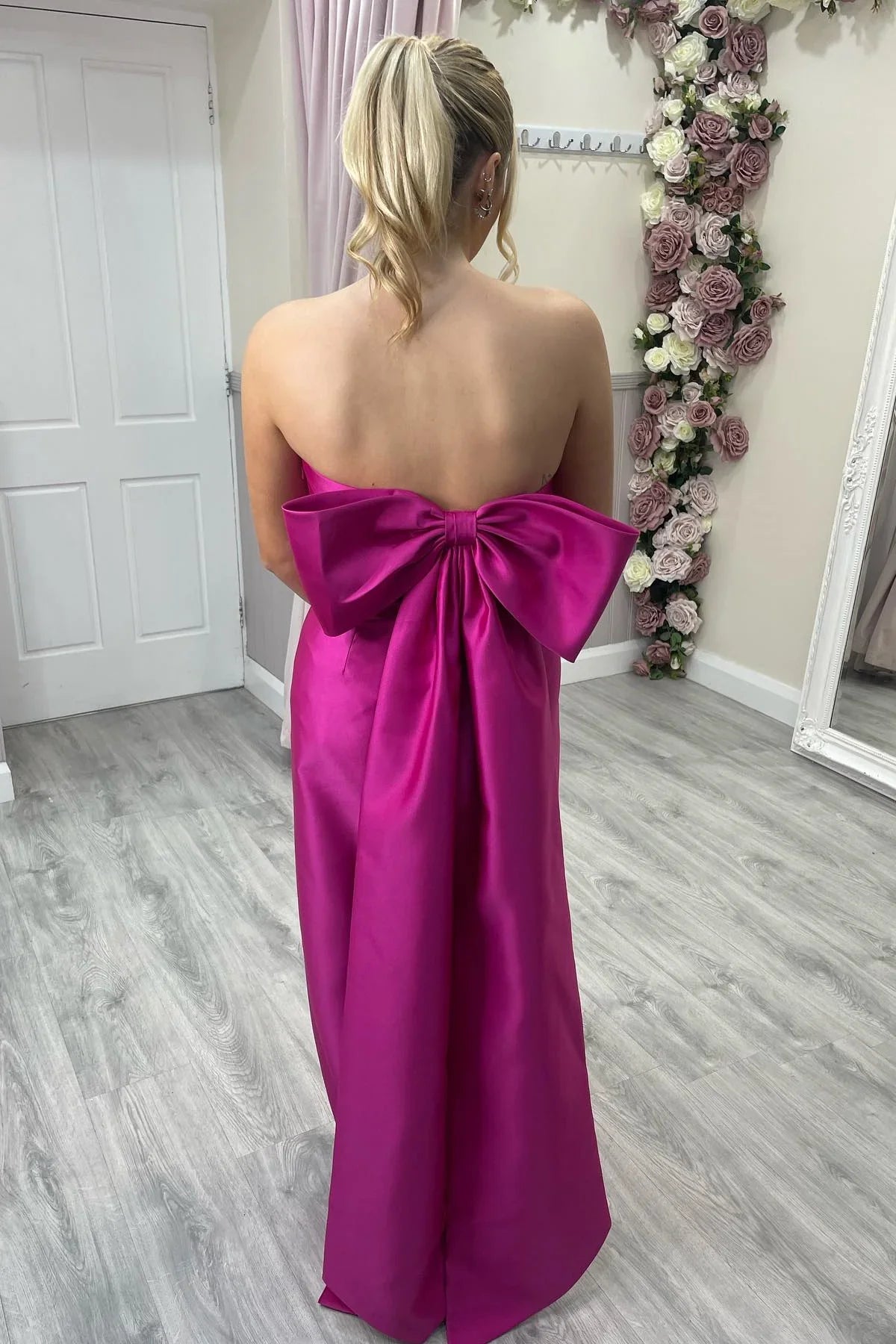 Dress Strapless Fuchsia Sheath Long Party Dress with Bow Back Bridesmaid Dress Formal Wear Dresses