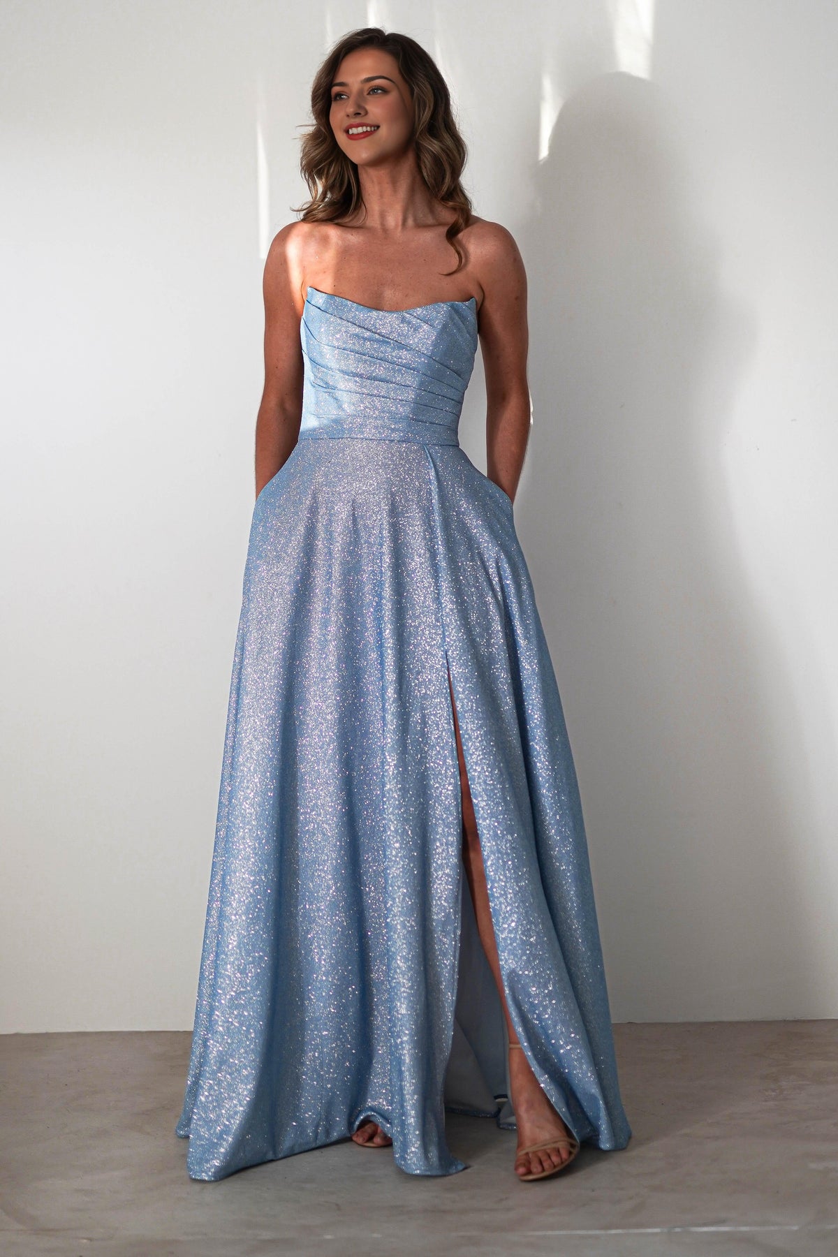 Dress Strapless Glitter A line Light Blue Ruched Bodice High Slit Prom Dress