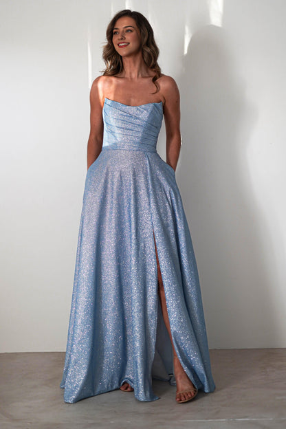 Dress Strapless Glitter A line Light Blue Ruched Bodice High Slit Prom Dress