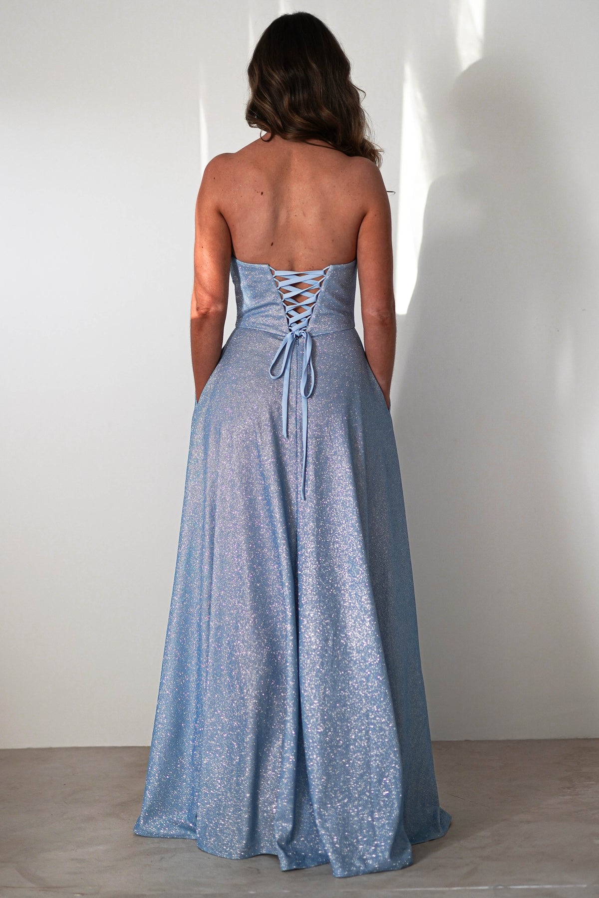 Dress Strapless Glitter A line Light Blue Ruched Bodice High Slit Prom Dress