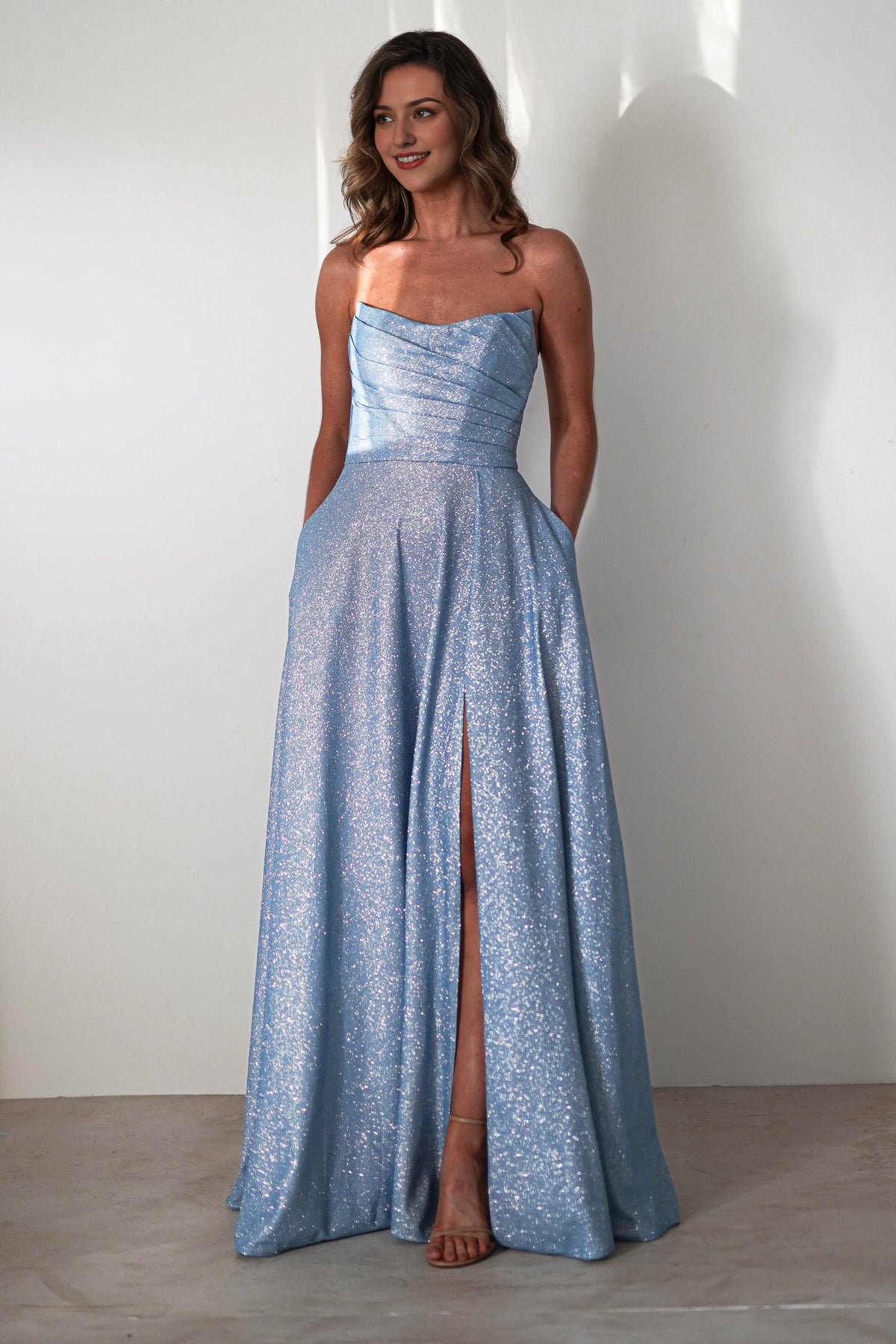 Dress Strapless Glitter A line Light Blue Ruched Bodice High Slit Prom Dress