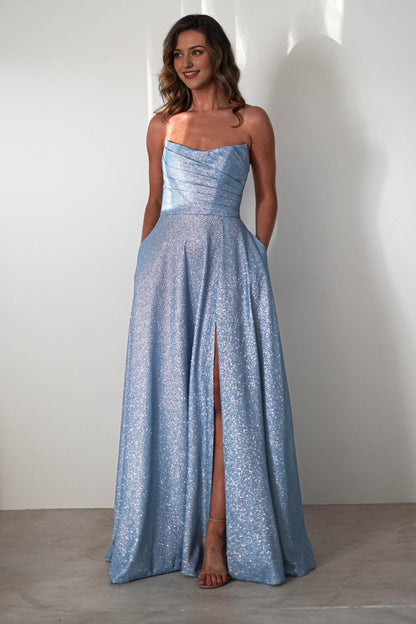 Dress Strapless Glitter A line Light Blue Ruched Bodice High Slit Prom Dress
