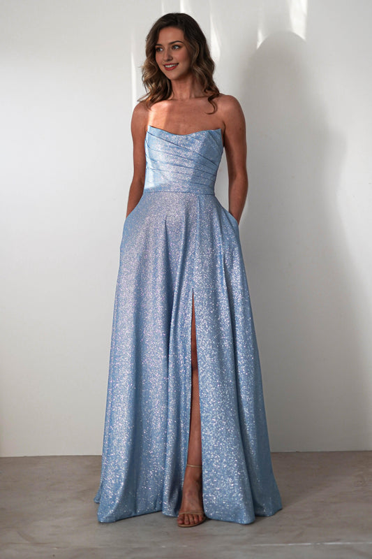 Dress Strapless Glitter A line Light Blue Ruched Bodice High Slit Prom Dress