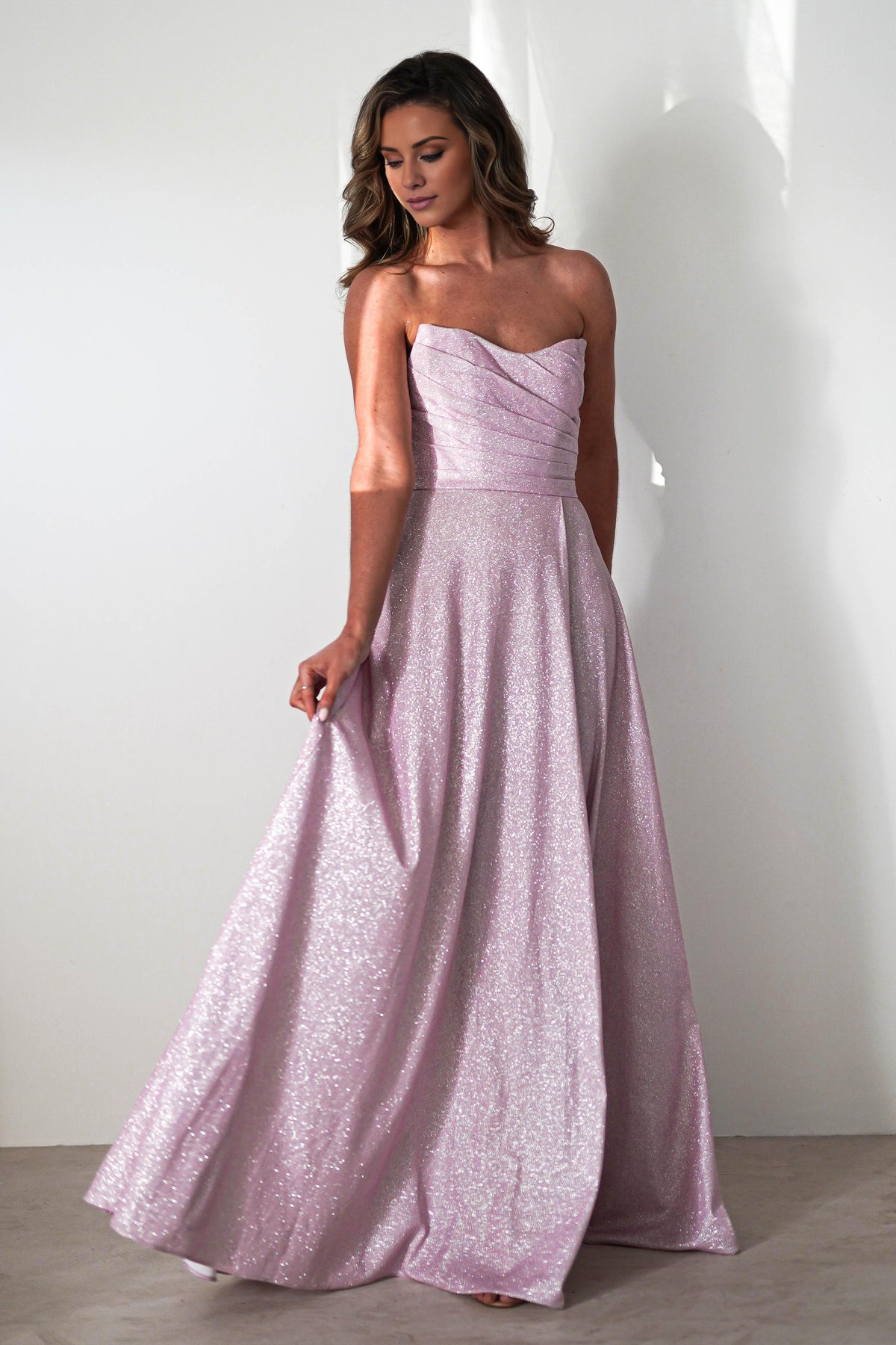 Dress Strapless Glitter A line Light Blue Ruched Bodice High Slit Prom Dress
