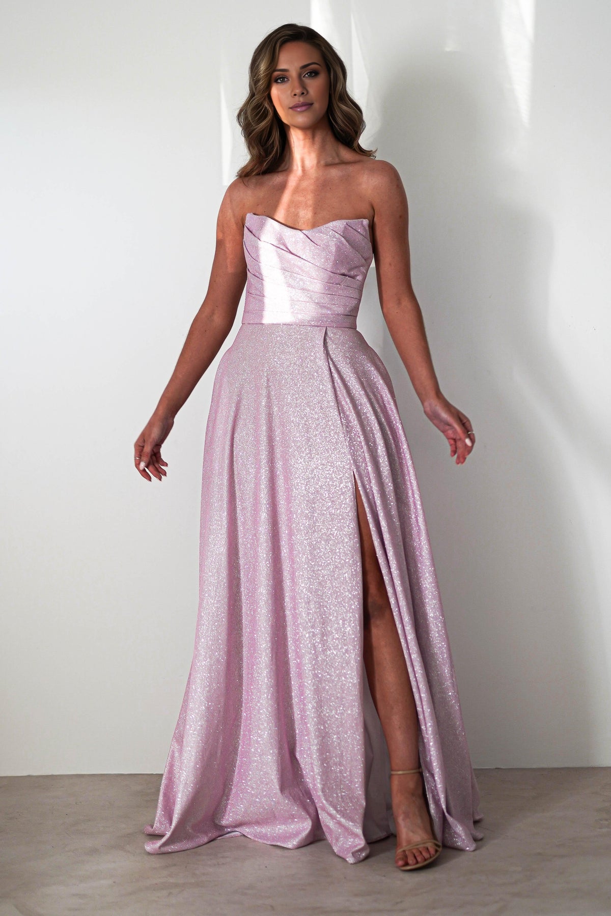 Dress Strapless Glitter A line Light Blue Ruched Bodice High Slit Prom Dress