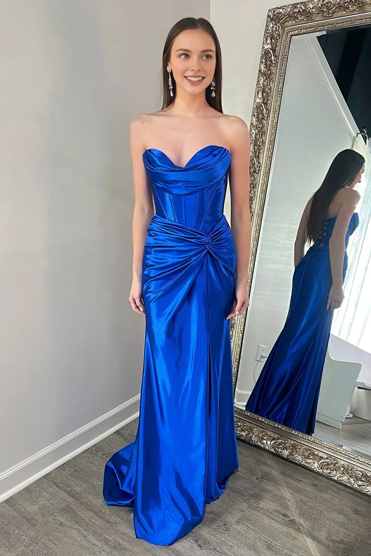 Dress Strapless Green Ruched Mermaid Long Dress with Slit Prom Dress