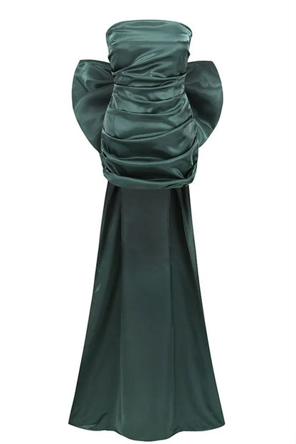 Dress Strapless Green Sleeveless Ruched Short Dress With Bow Knee-Length Homecoming Dress