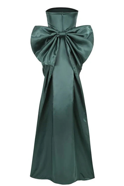 Dress Strapless Green Sleeveless Ruched Short Dress With Bow Knee-Length Homecoming Dress