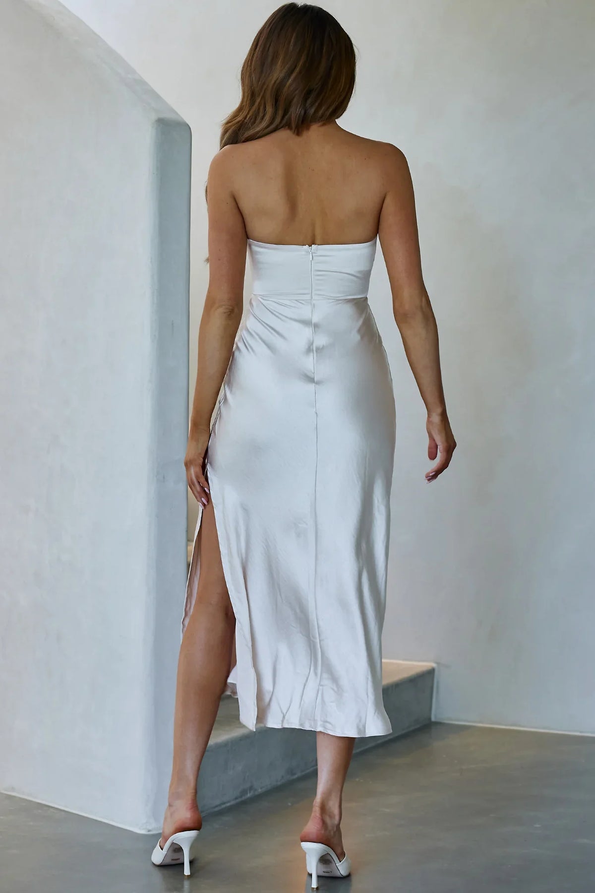 Dress Strapless Midi Dress Blue Sleeveless Sheath/Column Party Dress Simple Slit Prom Dress