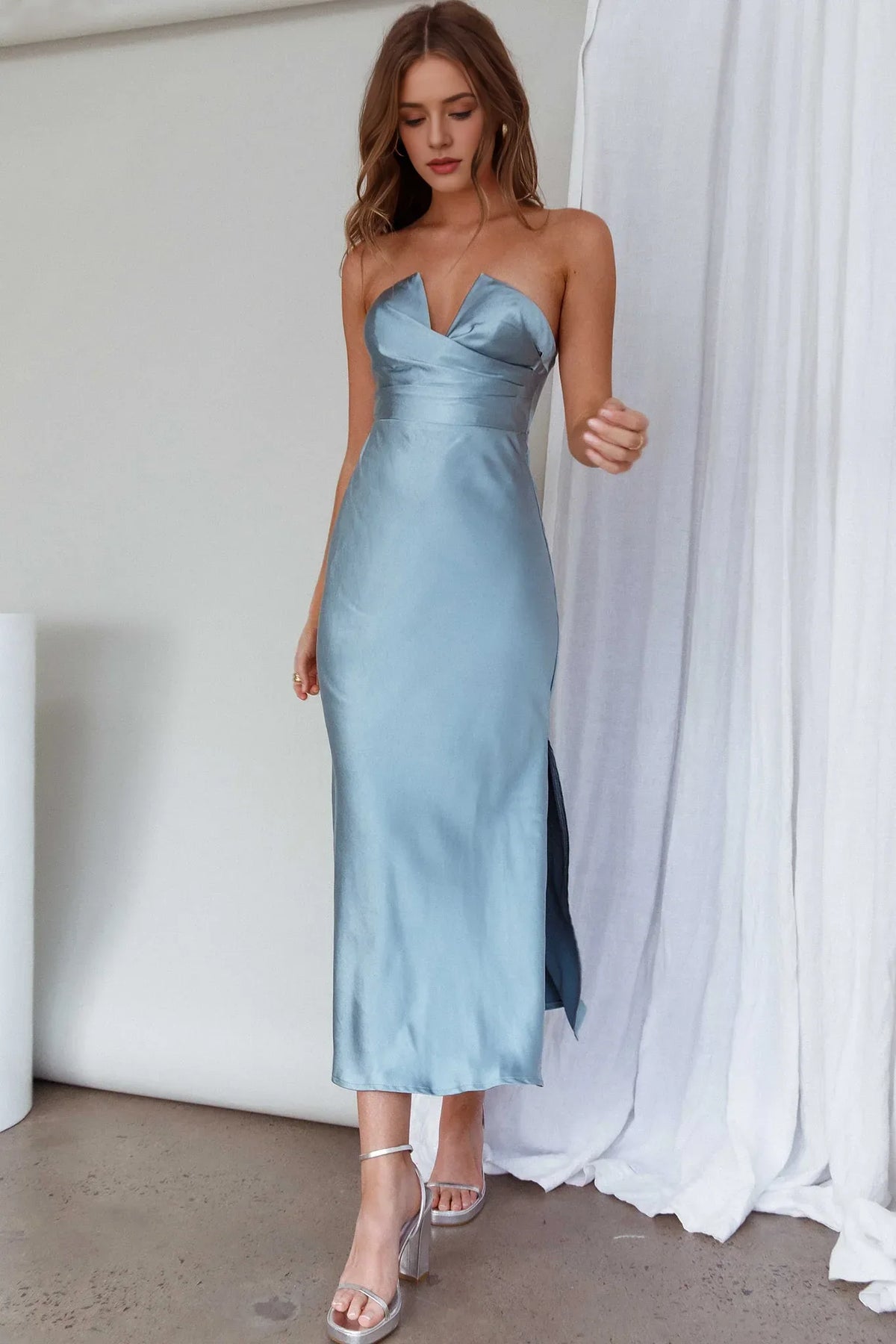 Dress Strapless Midi Dress Blue Sleeveless Sheath/Column Party Dress Simple Slit Prom Dress