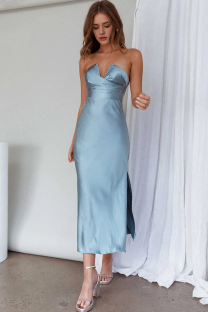 Dress Strapless Midi Dress Blue Sleeveless Sheath/Column Party Dress Simple Slit Prom Dress