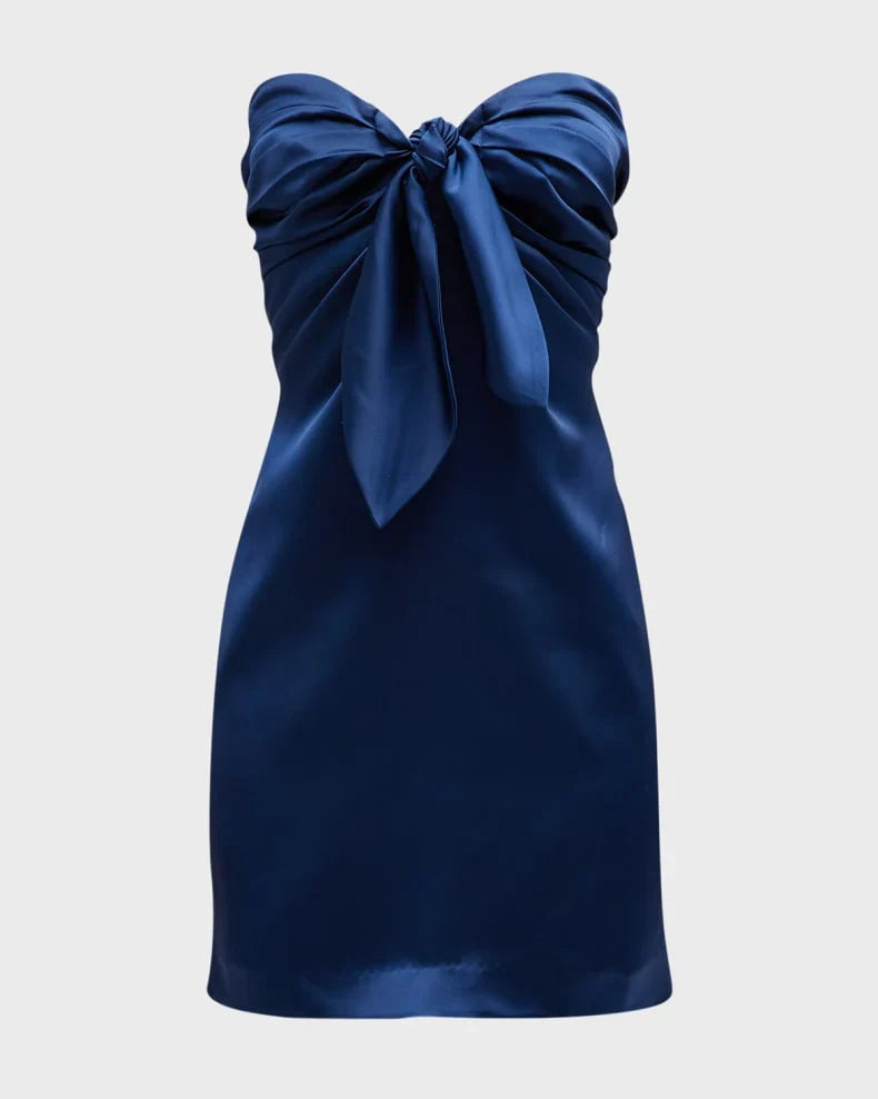Dress Strapless Navy Blue Tie-Front Short Mini Dress Pleated With Bow Homecoming Dress