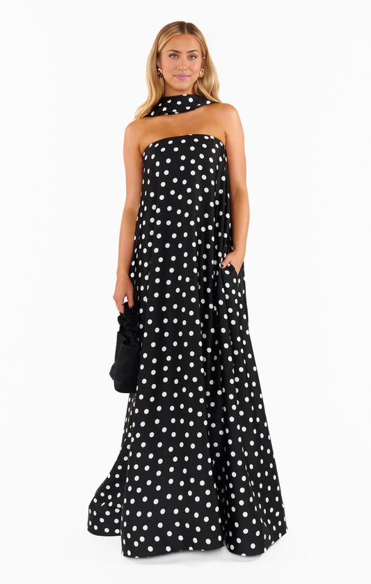 Dress Strapless Off the Shoulder Black Sleeveless Maxi Dress A-Line Polka Dots Backless Fashion Prom Dress
