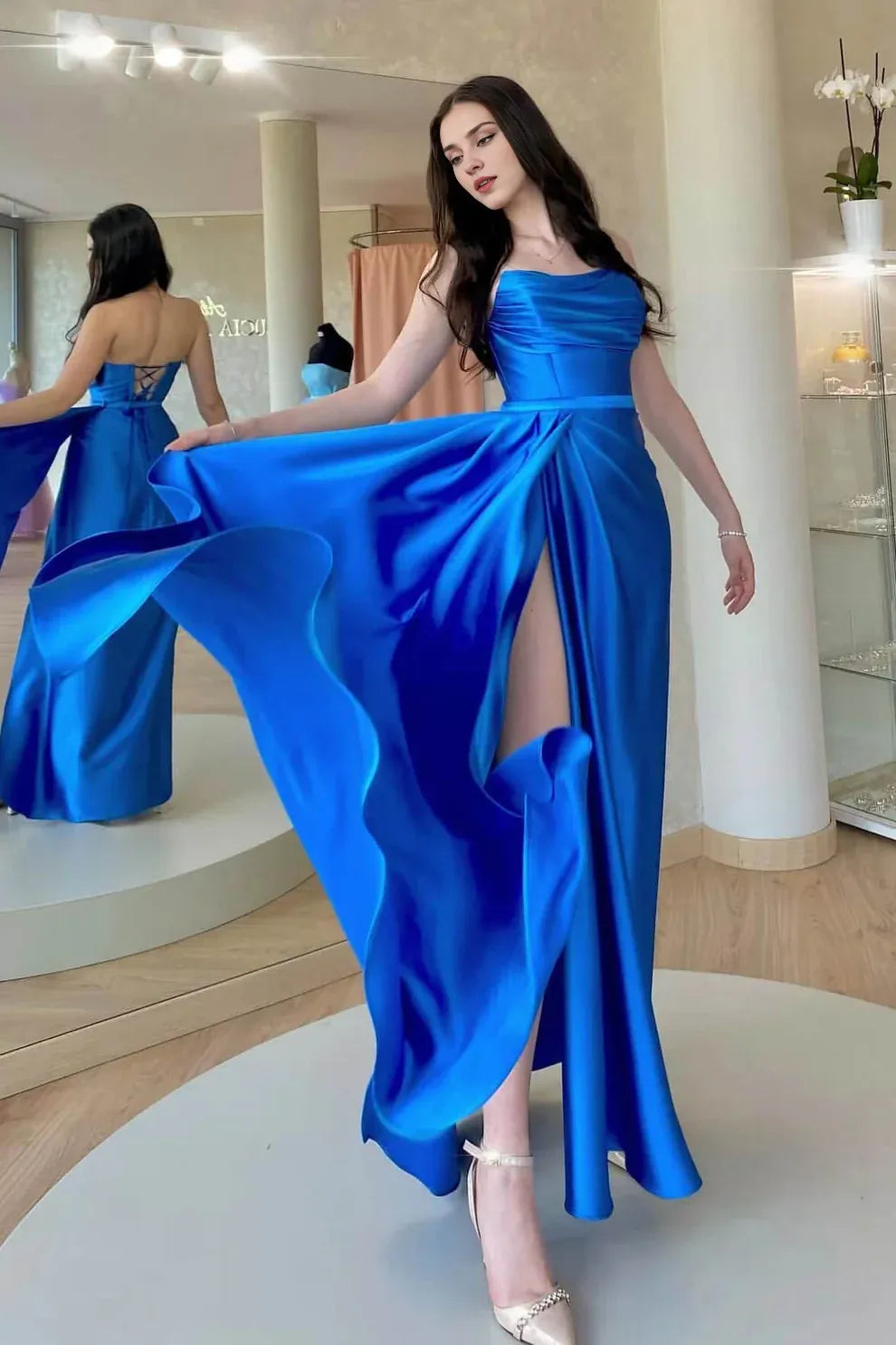 Dress Strapless Open Back Sleeveless Prom Dress with Split and Ruffle
