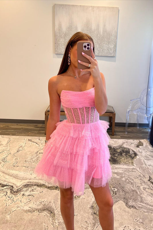Dress Strapless Pink A-line Tiered Ruffle Short Princess Dress Sleeveless Homecoming Dress