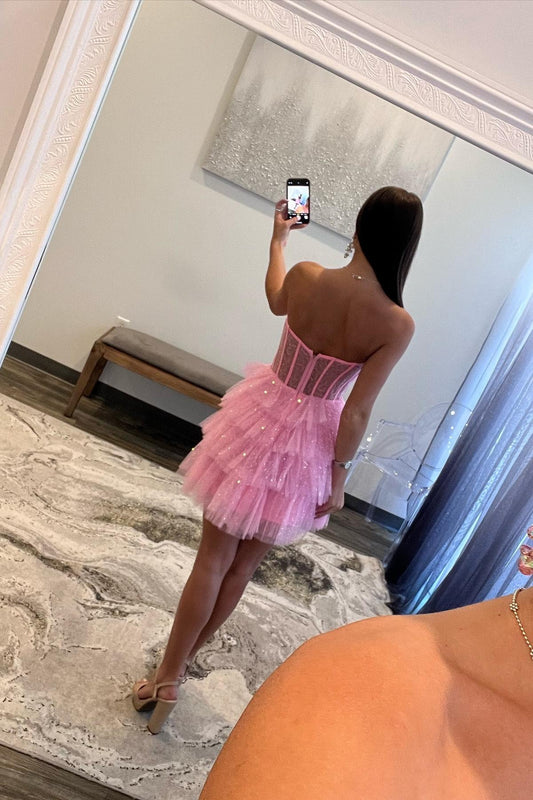 Dress Strapless Pink A-line Tiered Ruffle Short Princess Dress Sleeveless Homecoming Dress