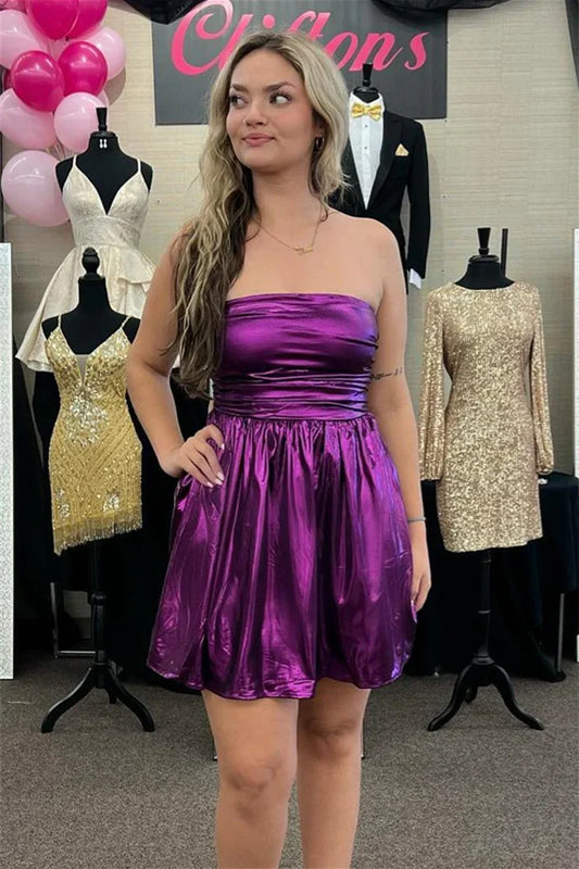 Dress Strapless Purple Ruched A-line Short Dress Sleeveless Knee Length Lace-Up Back Homecoming Dress