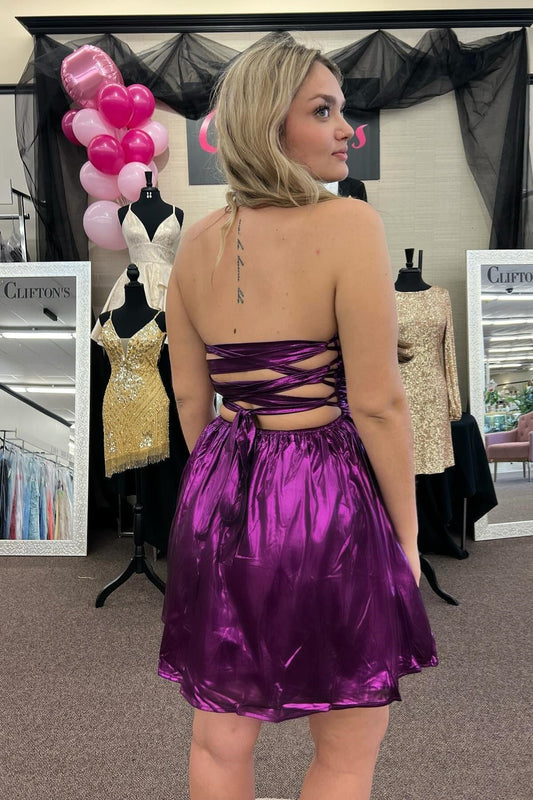 Dress Strapless Purple Ruched A-line Short Dress Sleeveless Knee Length Lace-Up Back Homecoming Dress