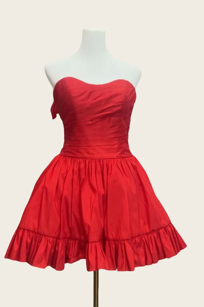 Dress Strapless Red Back Tie Ruched Taffeta Short Dress Homecoming Dress