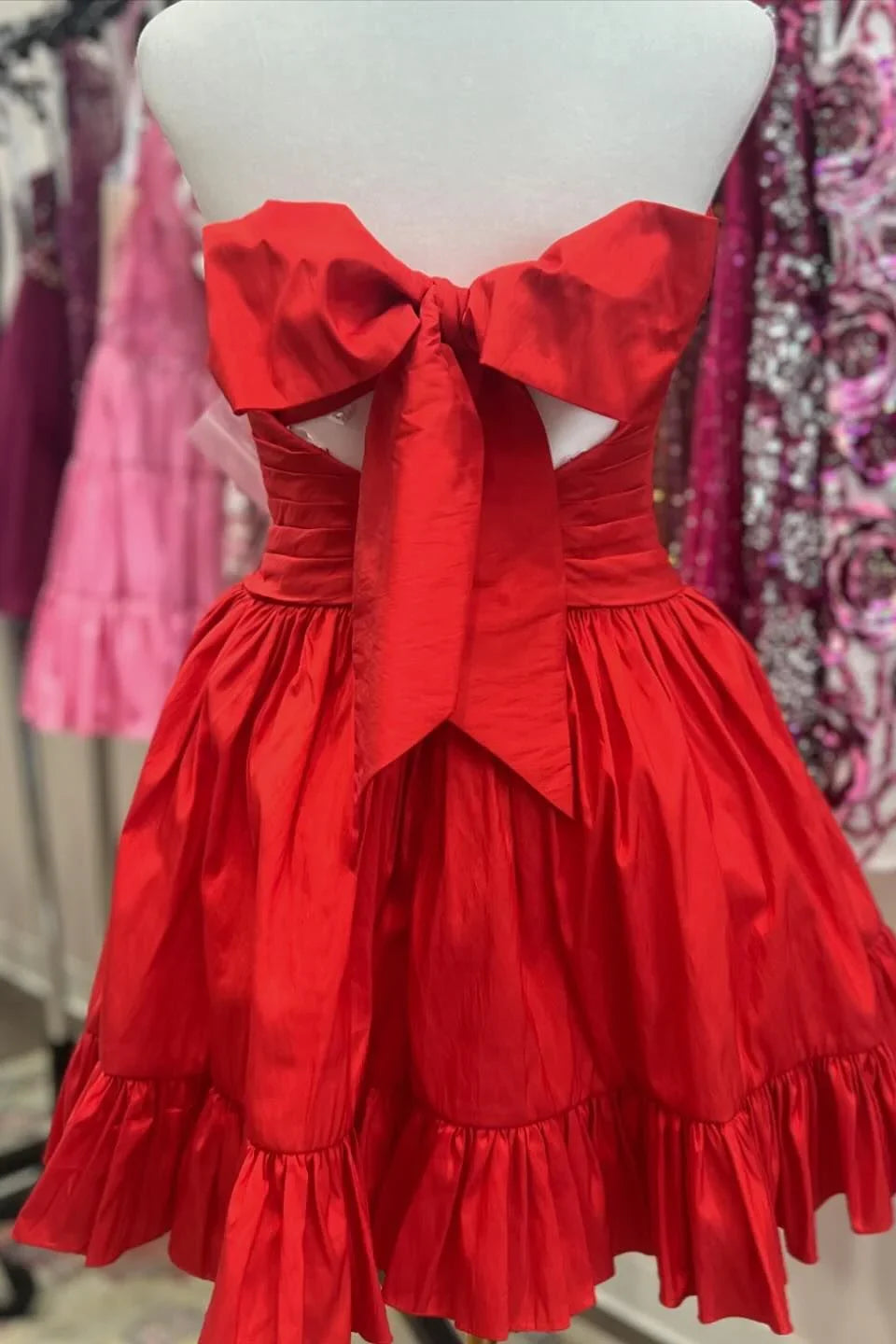 Dress Strapless Red Back Tie Ruched Taffeta Short Dress Homecoming Dress