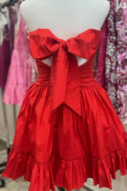Dress Strapless Red Back Tie Ruched Taffeta Short Dress Homecoming Dress