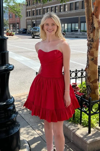 Dress Strapless Red Back Tie Ruched Taffeta Short Dress Homecoming Dress