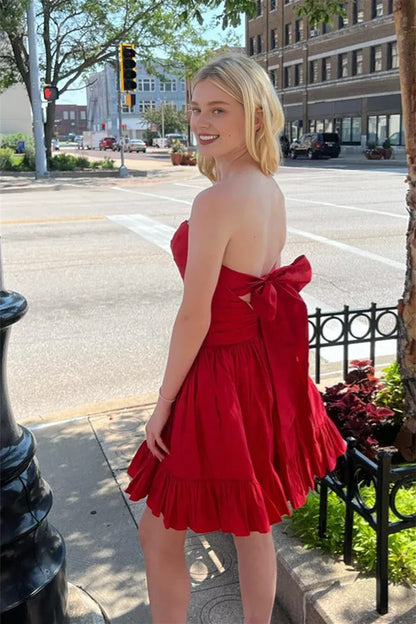 Dress Strapless Red Back Tie Ruched Taffeta Short Dress Homecoming Dress