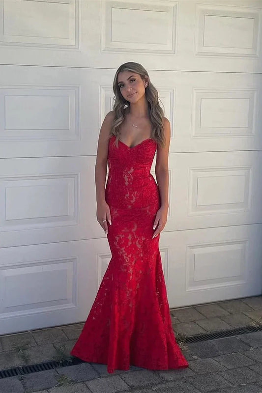 Dress Strapless Red Lace Appliques Mermaid Corset Bodice Long Dress Zip-Up Back Prom Dress