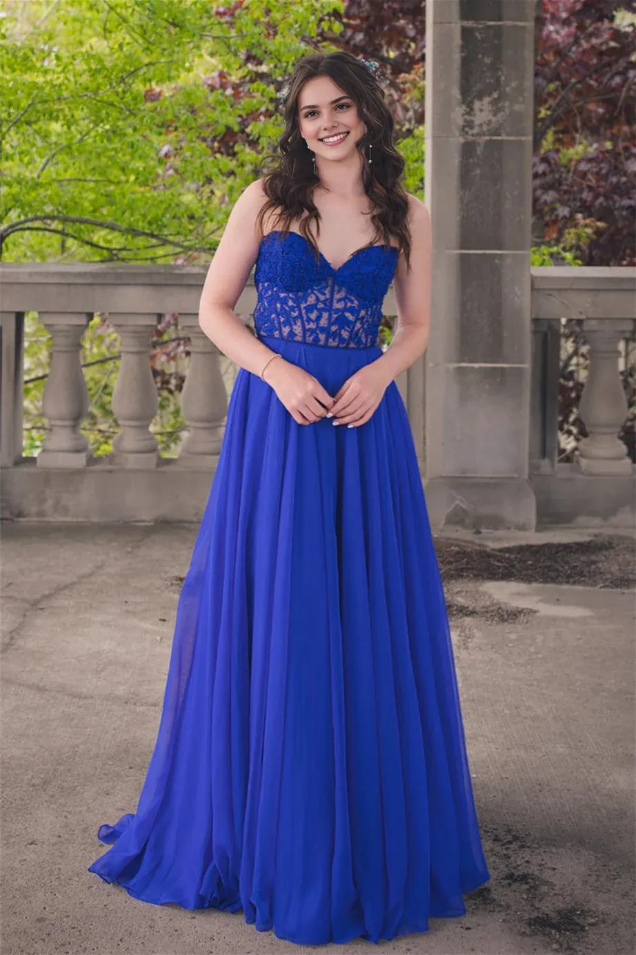 Dress Strapless Royal Blue Appliques Chiffon Long Dress Prom Dress