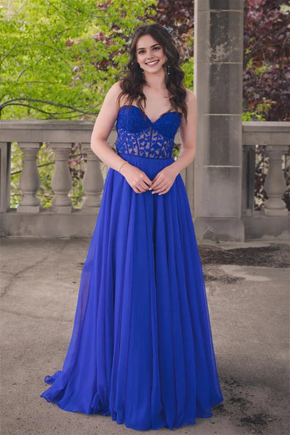 Dress Strapless Royal Blue Appliques Chiffon Long Dress Prom Dress